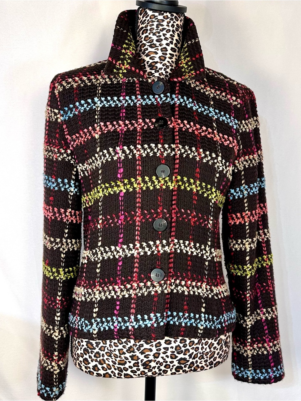 Liz Claiborne Multicolor Plaid Knit Button-Up Jacket